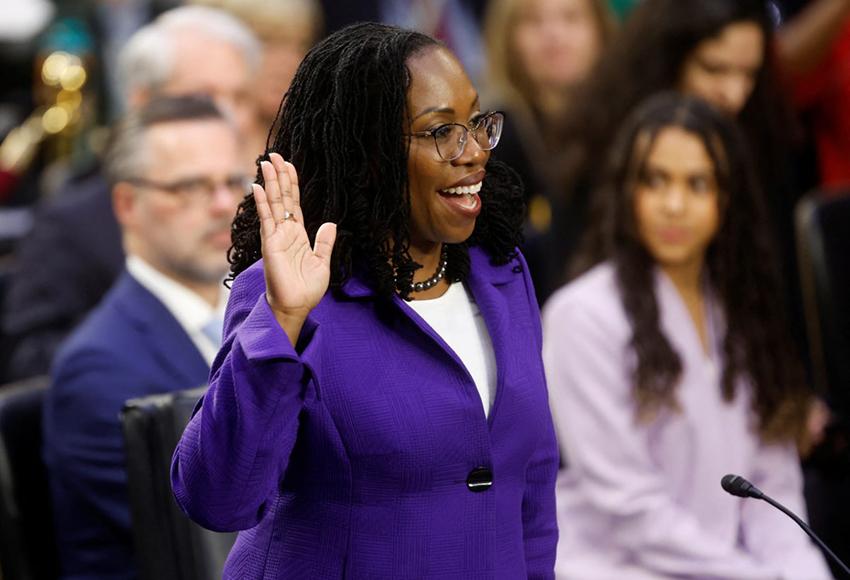 Judge Ketanji Brown Jackson is sworn in to testify at her U.S. Senate Judiciary Committee confirmation hearing on her nomination to the U.S. Supreme Court, on Capitol Hill in Washington, U.S., March 21, 2022 — Photo by Jonathan Ernst / Reuters