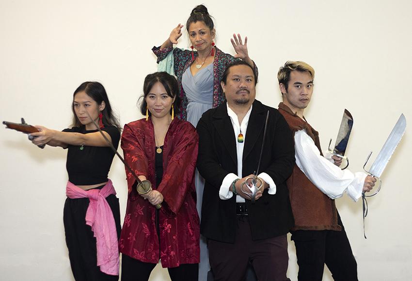 The cast of She Devil of the China Seas: Anna Saephan, Kristine Ota, Van Lang Pham, and Aaron Jin, in front of Eloisa Cardona — Photo courtesy of Pork Filled Productions