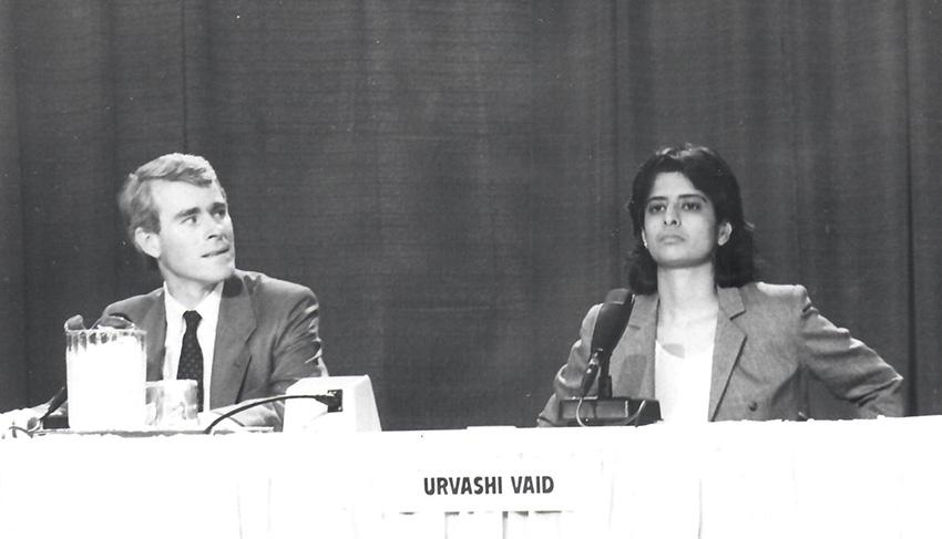 Jim Schwartz and Urvashi Vaid at the 1988 "Speakout! Lesbian and Gay Rights" forum at WCAU in Philadelphia — Photo by Tommi Avicolli Mecca