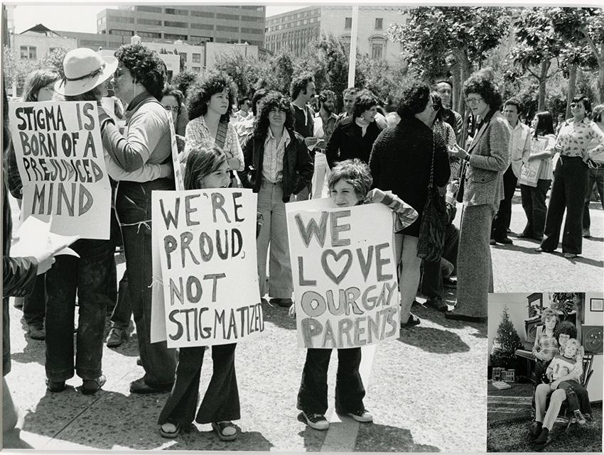 The "Rally for Jeanne Jullion" took place in San Francisco on June 3, 1977 to draw attention to Jullion, a lesbian mom who was involved in a child custody dispute — Photo by Cathy Cade Photographs (GLC 41), LGBTQIA Center, San Francisco Public Library