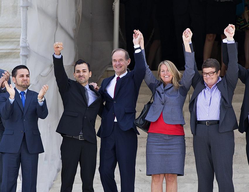Plaintiffs in Hollingsworth v. Perry, the California Proposition 8 case, celebrate on the steps of the Supreme Court on June 26, 2013. (from l) Jeffrey Zarrillo and his partner Paul Katami, attorney David Boies, and Sandra Stier and her partner Kris Perry — Photo by J. Scott Applewhite / AP