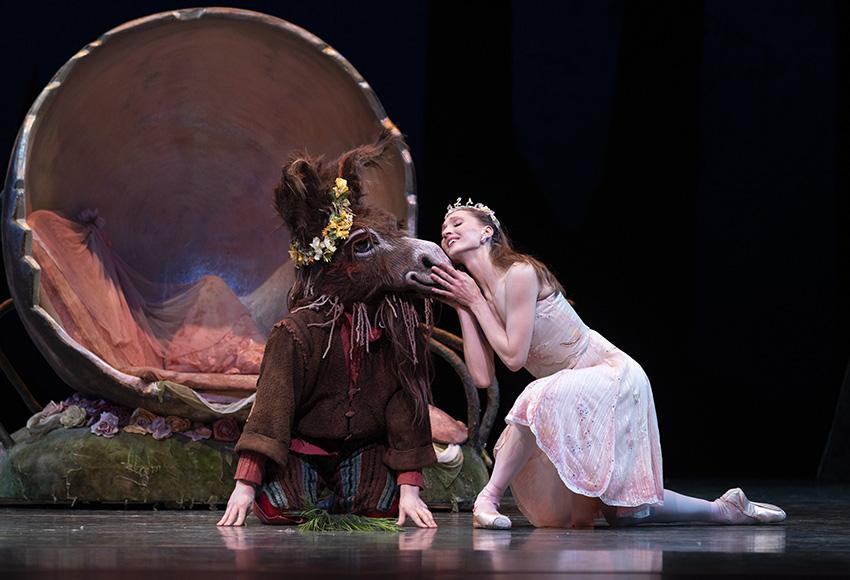 Pacific Northwest Ballet soloist Ezra Thomson as Bottom, and principal dancer Elizabeth Murphy as Titania in A Midsummer Night's Dream, choreographed by George Balanchine © The George Balanchine Trust — Photo by Angela Sterling