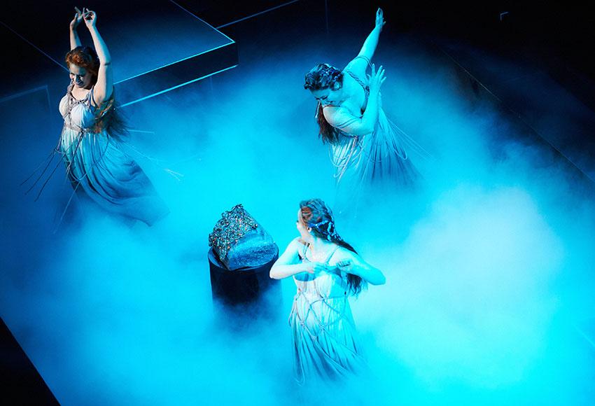 Clockwise, from top left: the Rhine Daughters Flosshilde (Sarah Larsen), Woglinde (Jacqueline Piccolino), and Wellgunde (Shelly Traverse) in "Das Rheingold" at Seattle Opera — Photo by Philip Newton