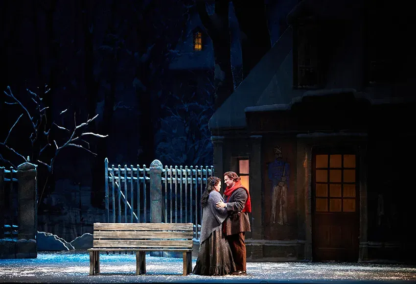 Keri Alkema as Mimi and Michael Chioldi as Marcello in Seattle Opera's La Bohème – Photo by Philip Newton