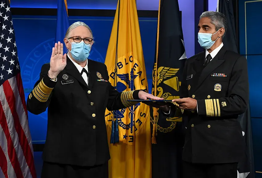 Dr. Rachel Levine is sworn in by Surgeon General Vivek Murthy – Photo courtesy of Reuters