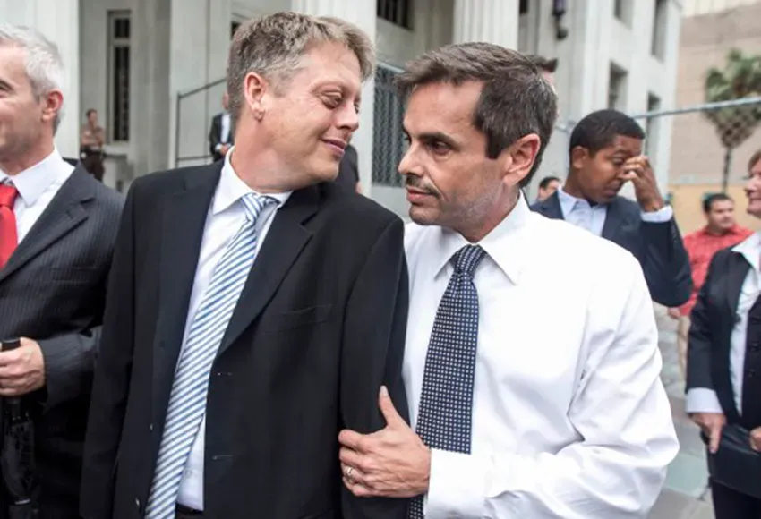 Don Johnston and Jorge Diaz after a court hearing on same-sex marriage in 2014 – Photo by J. Pat Carter / AP
