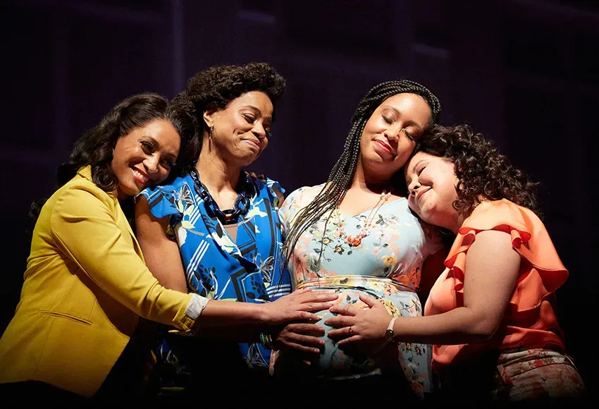 Cheryse McLeod Lewis as Girlfriend 3, Ellaina Lewis as Girlfriend 2, Briana Hunter as The Mother, and Ariana Wehr as Girlfriend 1 in Seattle Opera's Blue – Photo by Philip Newton
