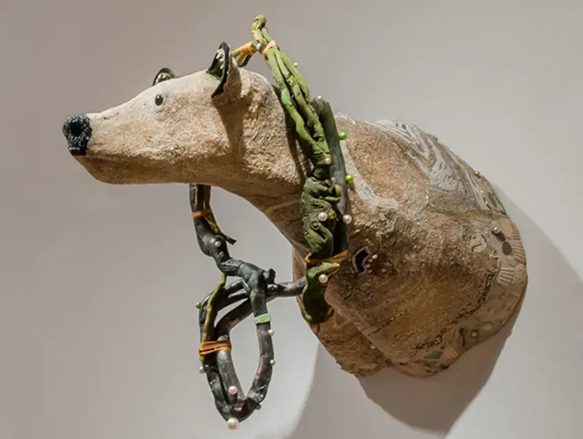 Sea Bear, 1990, Sherry Markovitz, wood, beads, shells, fabric, paint, papier mache, 25 x 17 x 29 in., Gift of Terry Hunziker, 90.3, © Sherry Markovitz