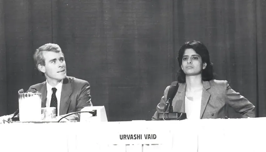 Jim Schwartz and Urvashi Vaid at the 1988 "Speakout! Lesbian and Gay Rights" forum at WCAU in Philadelphia – Photo by Tommi Avicolli Mecca