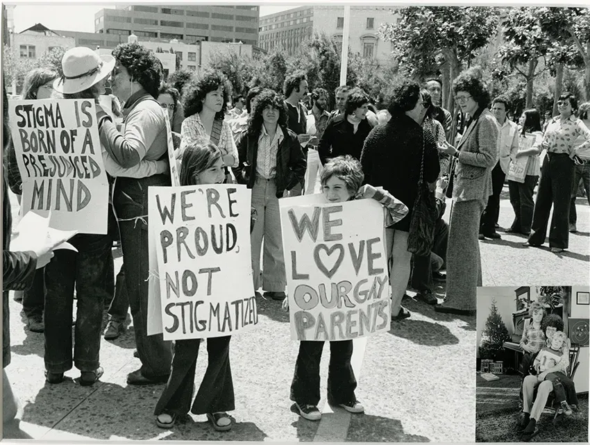 The "Rally for Jeanne Jullion" took place in San Francisco on June 3, 1977 to draw attention to Jullion, a lesbian mom who was involved in a child custody dispute – Photo by Cathy Cade Photographs (GLC 41), LGBTQIA Center, San Francisco Public Library