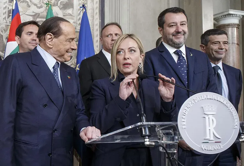 Giorgia Meloni flanked by coalition leaders – Photo by Robert Monaldo / LaPresse via AP