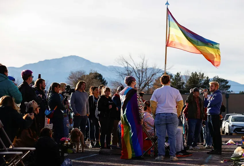Michael Anderson, a bartender at Club Q, speaks to an audience after a mass shooting at the LGBTQ nightclub in Colorado Springs, Colorado, Nov. 26, 2022 – Photo by Isaiah J. Downing / Reuters