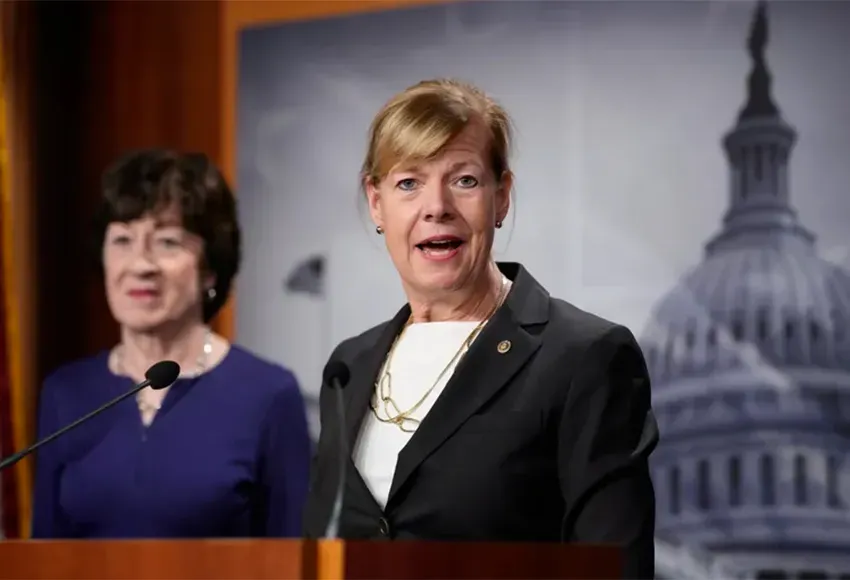 Sen. Tammy Baldwin D-Wisc. (r) and Sen. Susan Collins R-Maine speak to reporters following Senate passage of the Respect for Marriage Act, at the Capitol in Washington, Nov. 29, 2022 – Photo by J. Scott Applewhite / AP