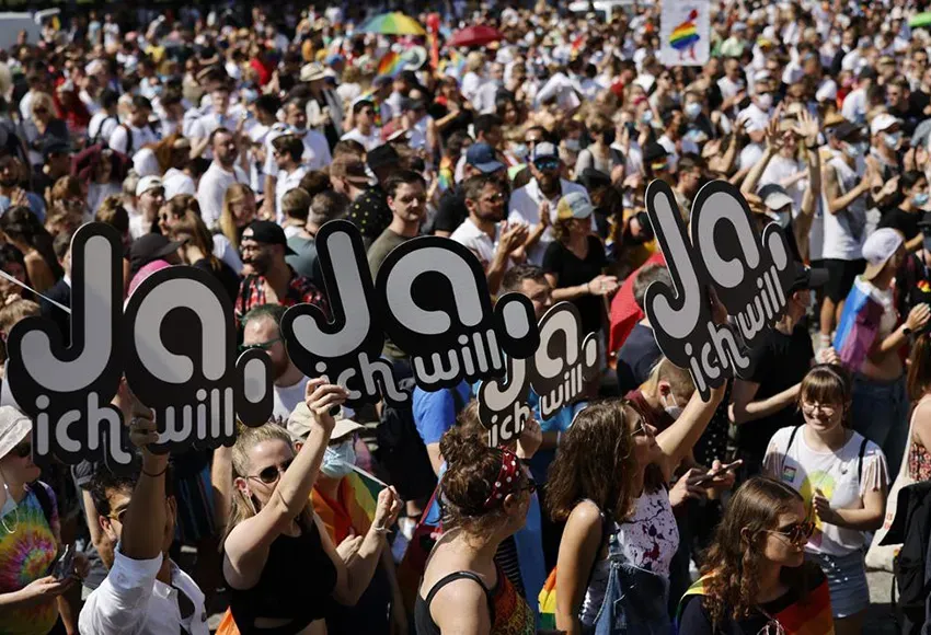 Demonstrators at Zurich Pride in 2021 – Photo by Michael Buholzer / Keystone via AP