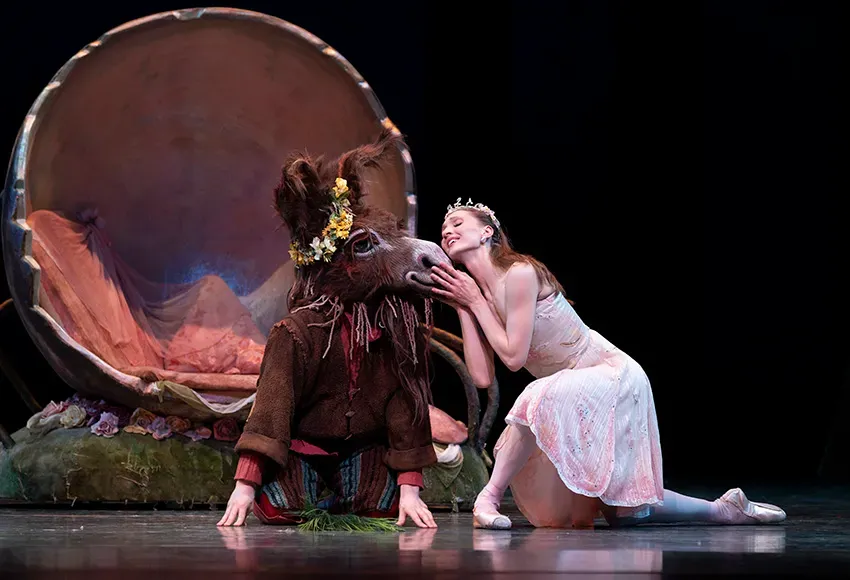 Pacific Northwest Ballet soloist Ezra Thomson as Bottom, and principal dancer Elizabeth Murphy as Titania in A Midsummer Night's Dream, choreographed by George Balanchine © The George Balanchine Trust – Photo by Angela Sterling