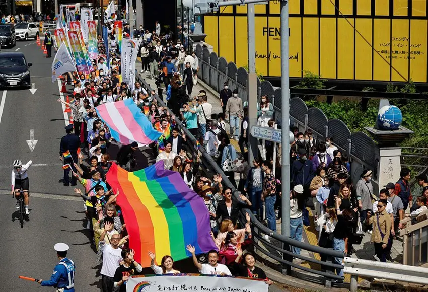 Participants march during the Tokyo Rainbow Pride parade, celebrating advances in LGBTQ rights and calling for marriage equality, in Tokyo, Japan, April 23, 2023 – Photo by Issei Kato / Reuters