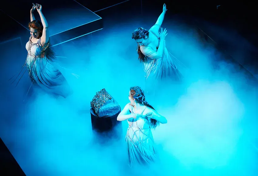Clockwise, from top left: the Rhine Daughters Flosshilde (Sarah Larsen), Woglinde (Jacqueline Piccolino), and Wellgunde (Shelly Traverse) in "Das Rheingold" at Seattle Opera – Photo by Philip Newton
