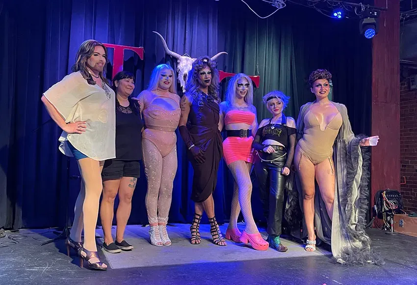 (l-r) DonnaTella, This Girl, Athena, Siren The Barbie, Edith Pilaf and Fraya Love on stage at The Tractor Tavern – Photo by Ian Crowley