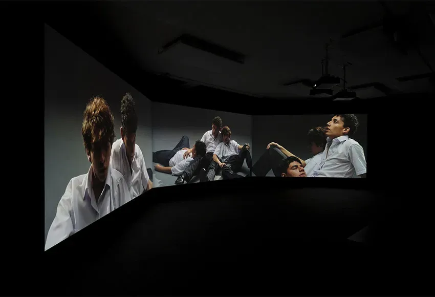 Rafael Soldi. Soft Boy, 2023. Three-channel digital video (color, sound); 15:49 min. Courtesy of the artist. Installation view of Rafael Soldi: Soft Boy – Photo by Jueqian Fang