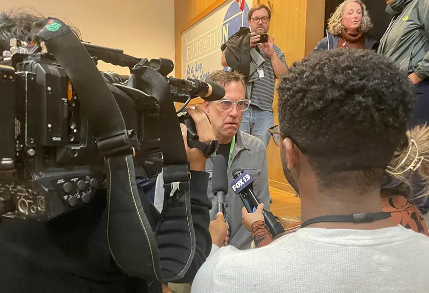 Andy Sheffer, project manager with Seattle Department of Parks and Recreation, meets with local reporters after meeting with community members on Dec. 6, 2023 – Photo by Teddy MacQuarrie