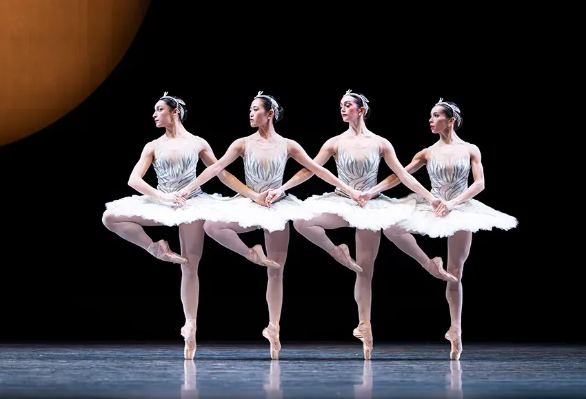 (L-R) Pacific Northwest Ballet company dancers Malena Ani, Yuki Takahashi, Madison Rayn Abeo, and Clara Ruf Maldonado in Kent Stowell's Swan Lake – Photo by Angela Sterling