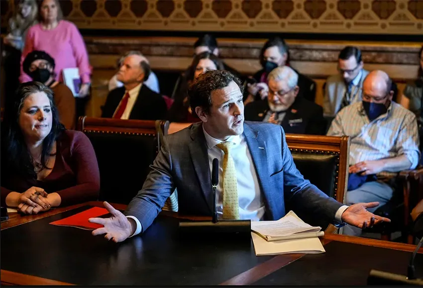 State Rep. Jeff Shipley, R-Fairfield, speaks at a House Judiciary subcommittee hearing Wednesday at the Statehouse in Des Moines – Charlie Neibergall / AP