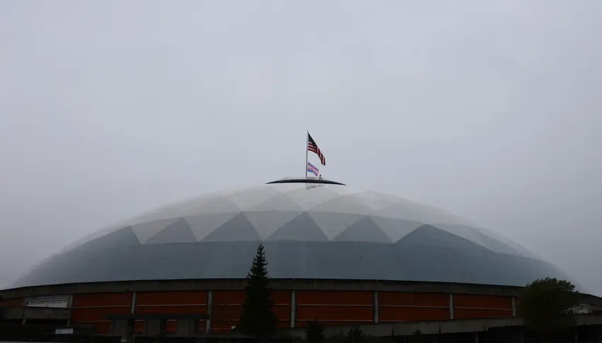 Trans Pride flag flies above the Tacoma Dome. March 31, 2025. Photo by Hannah Saunders